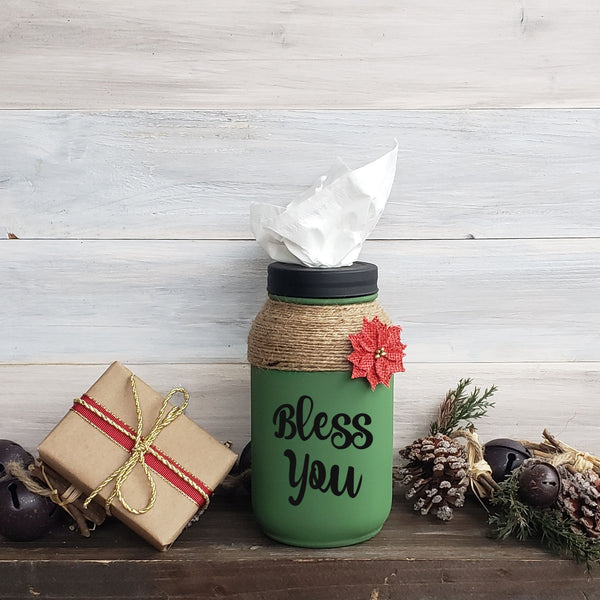 Hand Painted Bless You Holiday Mason Jar Tissue Holder