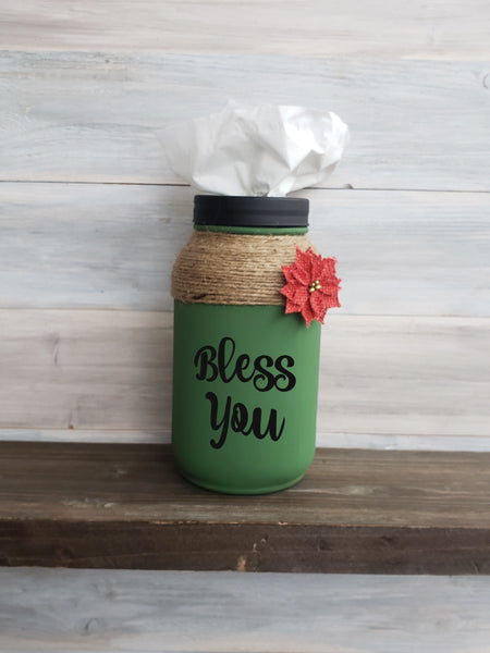 Hand Painted Bless You Holiday Mason Jar Tissue Holder