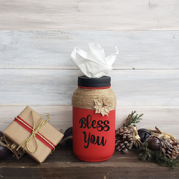 Hand Painted Bless You Holiday Mason Jar Tissue Holder