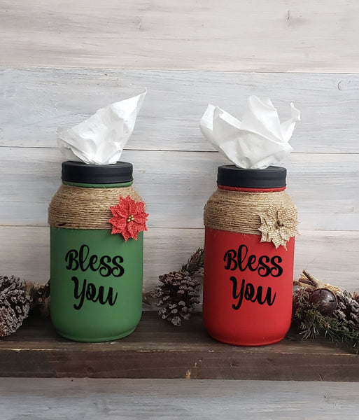 Hand Painted Bless You Holiday Mason Jar Tissue Holder